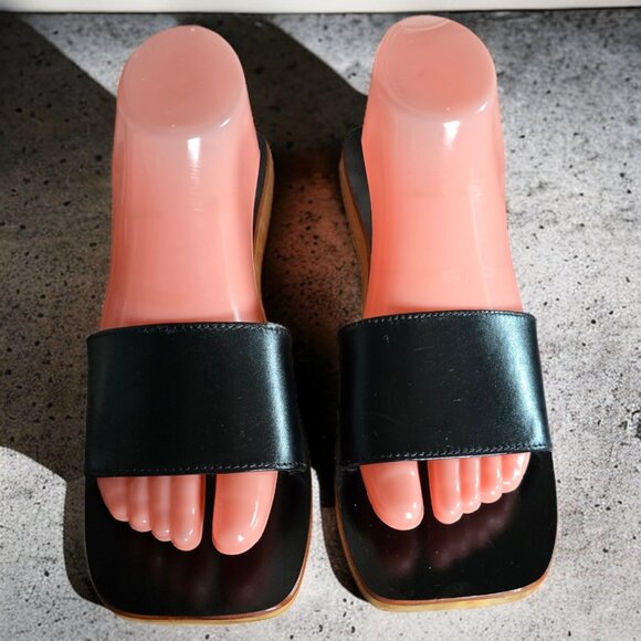 NEW MANGO MNG ( 7.5 ) Black Bovine Leather Wood Square Toe Asymmetric - Picture 6 of 9